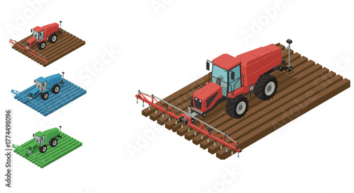 Isometric agricultural tractor spraying field in various colors