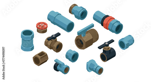 Isometric plumbing fittings set: diverse pipe connectors in blue and brown tones