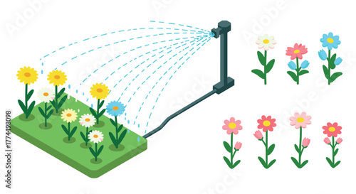Isometric garden with sprinkler system and colorful flowers for watering conc…
