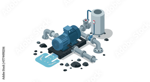 Isometric water pump system with pipes and rocks in industrial setting