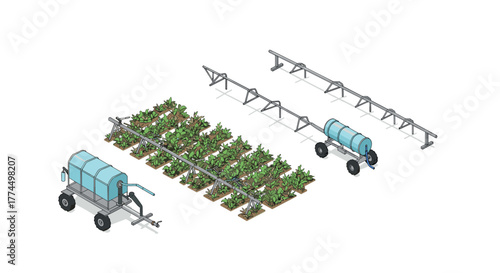 Isometric farming equipment with irrigation system for modern agriculture