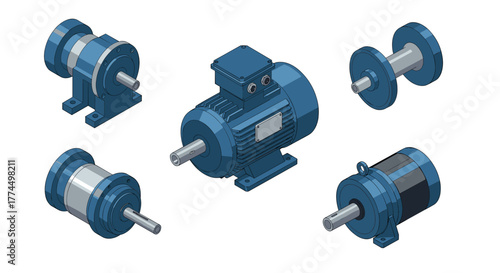 Isometric industrial motors and gearboxes set with detailed engineering design
