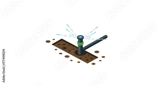 Isometric garden sprinkler system on soil patch with water spray