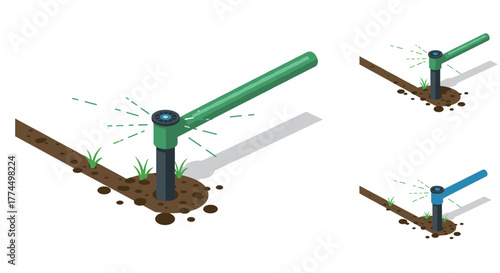 Isometric garden sprinkler system on soil with water jets
