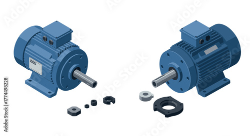 Isometric blue electric motors with disassembled parts on white background