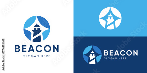 Creative simple beacon logo template. Lighthouse searchlight tower island harbour logo design vector illustration.