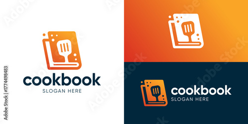 Creative simple cookbook logo template. Book receipe with spatula for Food company logo design vector illustration.