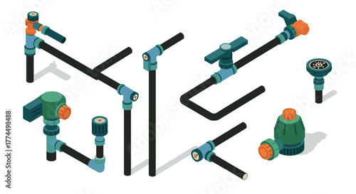 Isometric plumbing components with valves and pipes in industrial design