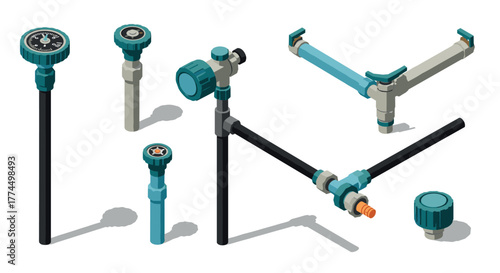 Isometric garden sprinkler equipment set with nozzles and hoses