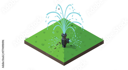 Isometric garden water fountain sprinkler on grass patch with splashing water