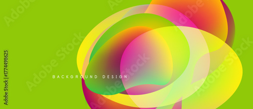 Vibrant abstract design features overlapping colorful circles. Bright green background complements dynamic composition. Modern, fluid shapes create visual interest.