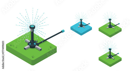 Isometric garden sprinkler system on grass with water spray illustrations