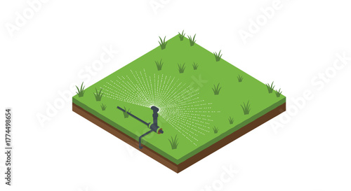 Isometric garden sprinkler on grass patch with water spray pattern