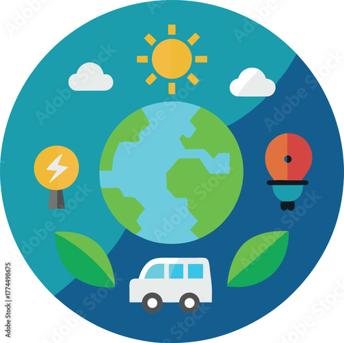 Circular illustration of Earth with icons for renewable energy and transport