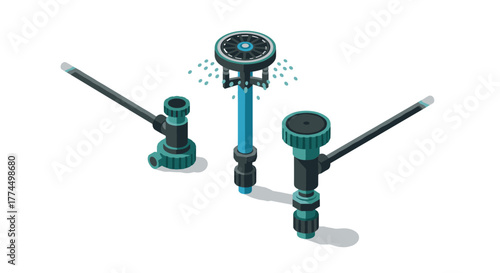 Isometric garden sprinkler system with rotating heads and water droplets