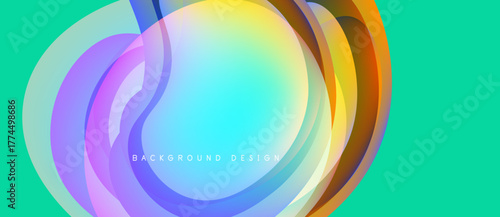 Abstract colorful layers create circular design. Vibrant hues blend, forming modern background. Turquoise fills space around shapes.