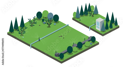 Isometric garden with automated sprinkler system and lush green landscape design
