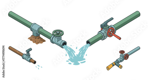 Isometric plumbing system design with pipes and valves in action