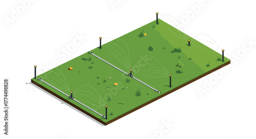 Isometric lawn sprinkler system in operation on green grass field