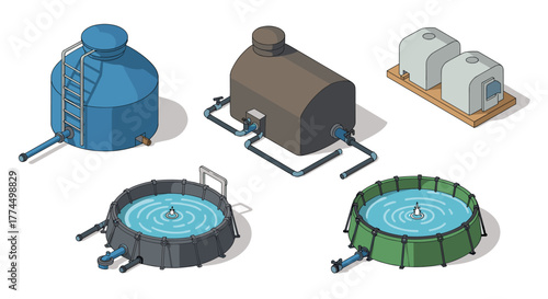Isometric water tanks and pools set for industrial and home use