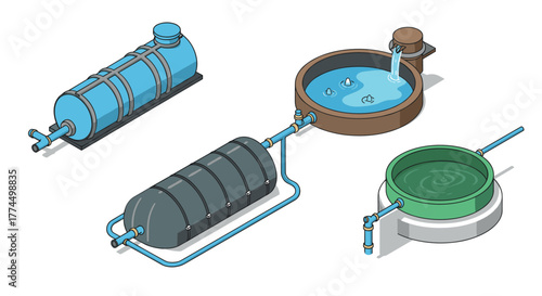 Isometric water treatment process diagram with tanks and pipes on white backg…