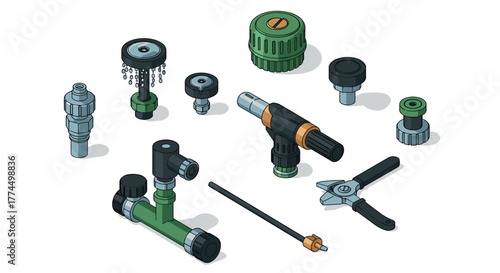 Gardening tools isometric collection featuring nozzles and connectors for irr…