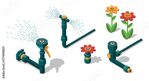 Isometric garden sprinklers and flowers on white background