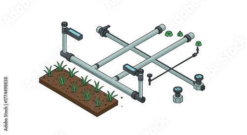 Isometric garden irrigation system with pipes and sprinklers