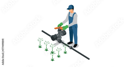 Isometric farmer adjusting irrigation valve in agricultural field