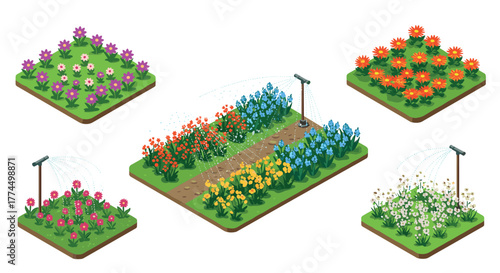 Isometric garden with colorful flower beds and automatic irrigation system