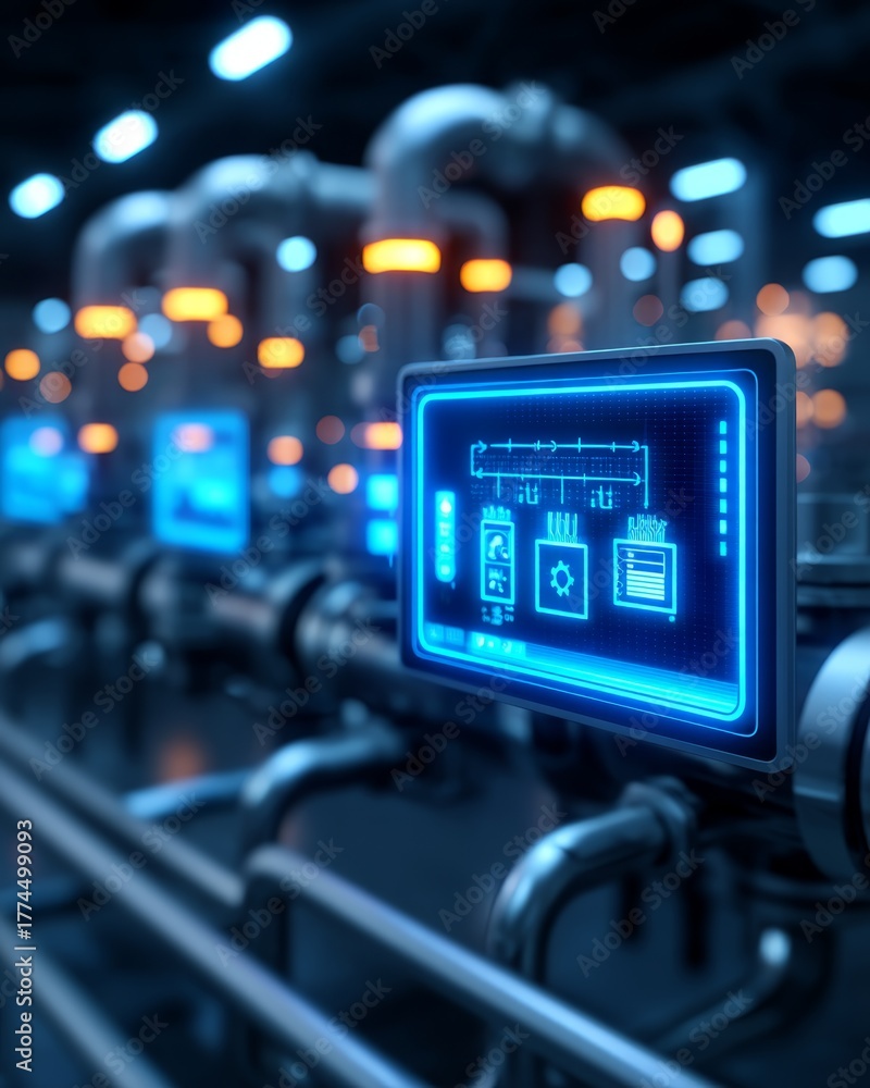 Naklejka premium Futuristic AI-Powered Hydrogen Energy Control System in a Contemporary Industrial Setting