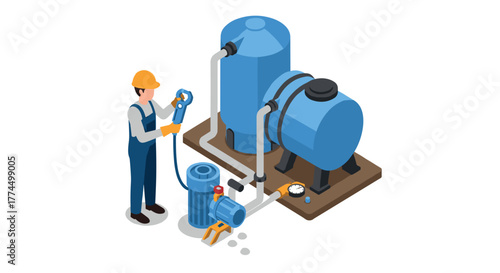 Industrial worker operating water filtration system in isometric style