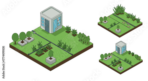 Isometric garden landscape with building and sprinkler system
