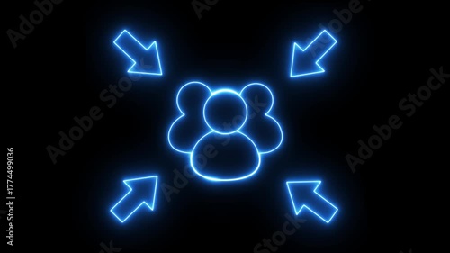Glowing neon line Evacuation point line animation. network Assembly point animated icon. Moving arrows, safety, guidance. motion graphic of a black line illustration on a black background 4k video .