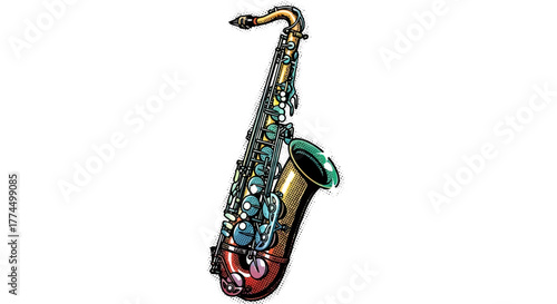 Vibrant artistic illustration of a classic saxophone instrument.