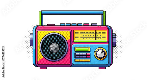 Colorful Retro Radio Illustration with Speaker and Controls.