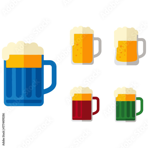 Vector illustration of beer mugs filled with golden beer and frothy foam, featuring different glass shapes in flat cartoon style, perfect for bar menu, pub logo, or Oktoberfest design on white backgro