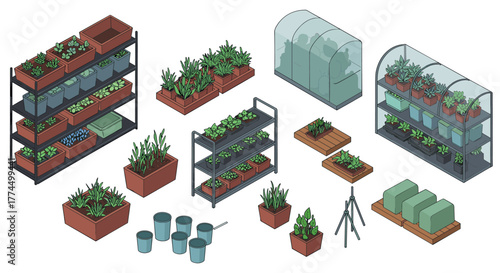 Urban gardening essentials with isometric greenhouse and planter setups