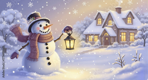 Snowman holding lantern in snowy landscape near cozy house ,Suitable for holiday cards and marketing materials for children