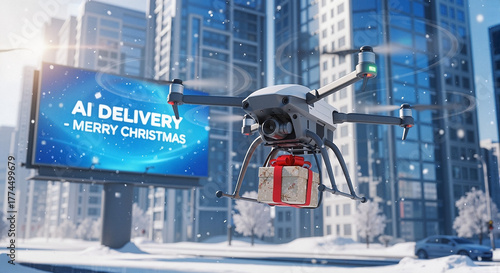 AI delivery drone flying over city with Christmas gift in winter ,suitable for e-commerce marketing and technology promotions