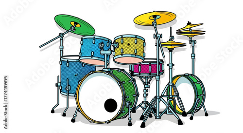 Colorful drum set illustration with cymbals and various drums.