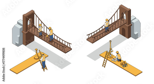 Isometric construction of bridge with engineers and surveying tools