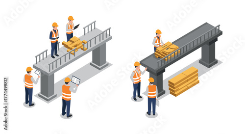 Isometric construction scene with engineers on bridge building project