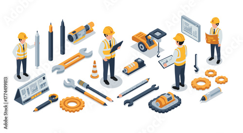Isometric construction workers with tools and equipment on white background