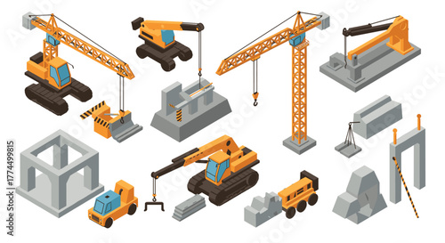 Isometric construction equipment set featuring cranes and excavators for indu…