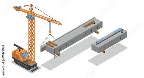 Isometric construction crane lifting concrete beams with workers