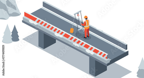 Construction worker surveying bridge in winter, isometric engineering site wi…
