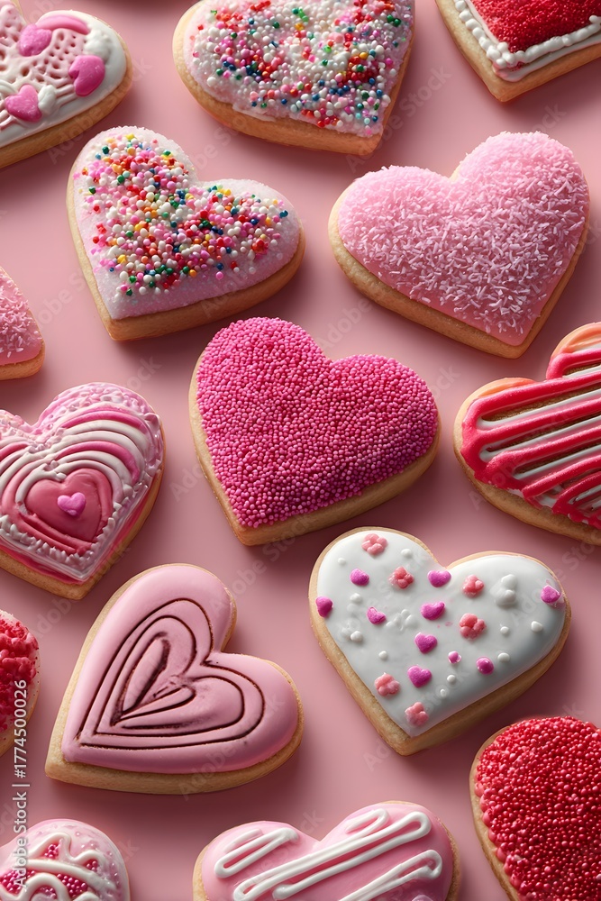 Fototapeta premium Vibrant flat lay of heart-shaped Valentine's Day cookies on a soft pink background, decorated with colorful icing, sprinkles, and intricate patterns.