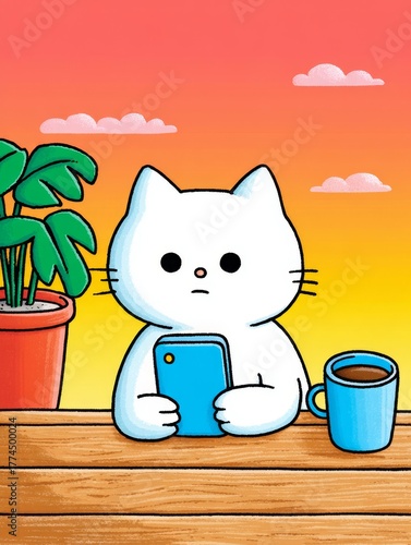 White cartoon cat looking at a phone with a coffee cup and a plant outdoors at sunset.