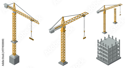Isometric construction cranes and building structure on white background